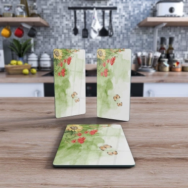 Decovetro Cam Sunum Servis Tabağı 3lü Dikdörtgen Set Sulu Boya Ayçiçeği Deseni