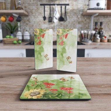 Decovetro Cam Sunum Servis Tabağı 3lü Kare Set Suluboya Ayçiçeği Desenli