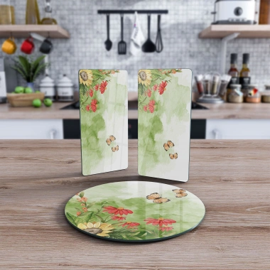 Decovetro Cam Sunum Servis Tabağı 3lü Yuvarlak Set Suluboya Ayçiçeği Desenli