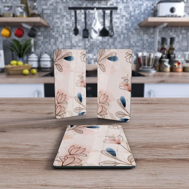 Decovetro Cam Sunum Servis Tabağı 3lü Dikdörtgen Set Çiçek Deseni