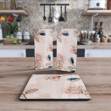 Decovetro Cam Sunum Servis Tabağı 3lü Kare Set Çiçek Desenli