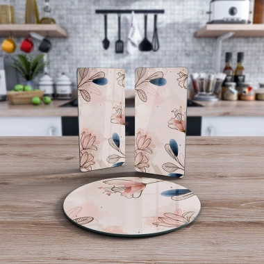 Decovetro Cam Sunum Servis Tabağı 3lü Yuvarlak Set Çiçek Desenli