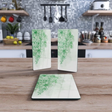 Decovetro Cam Sunum Servis Tabağı 3lü Dikdörtgen Set Yeşil Çiçek Deseni