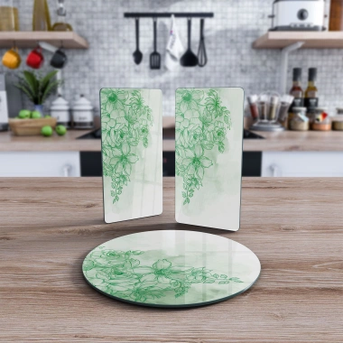 Decovetro Cam Sunum Servis Tabağı 3lü Yuvarlak Set Yeşil Çiçek desenli