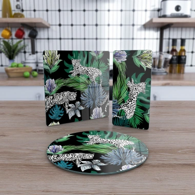 Decovetro Cam Sunum Servis Tabağı 3lü Karma Set Vintage Leopar Desenli