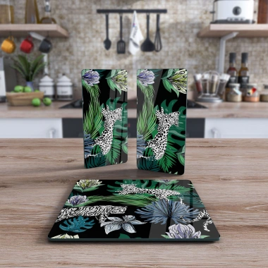 Decovetro Cam Sunum Servis Tabağı 3lü Kare Set Vintage Leopar Desenli