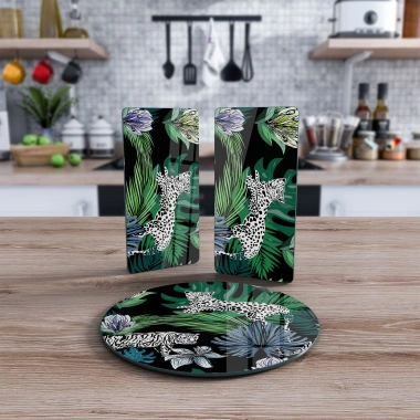 Decovetro Cam Sunum Servis Tabağı 3lü Yuvarlak Set Vintage Leopar Desenli