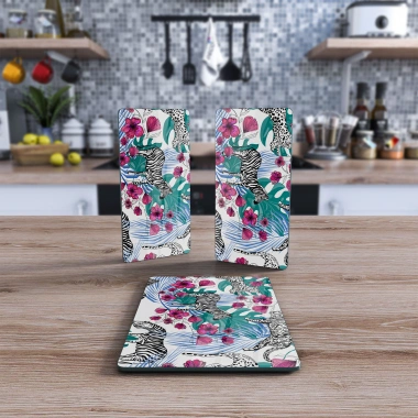 Decovetro Cam Sunum Servis Tabağı 3lü Dikdörtgen Set Vintage Zebra Desenli