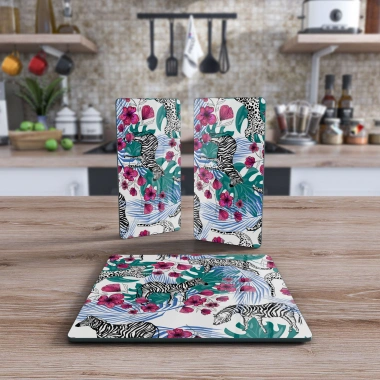 Decovetro Cam Sunum Servis Tabağı 3lü Kare Set Vintage Zebra Desenli