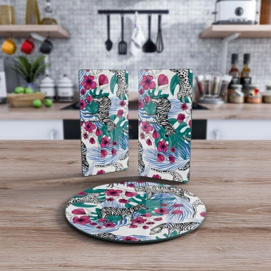 Decovetro Cam Sunum Servis Tabağı 3lü Yuvarlak Set Vintage Zebra Desenli