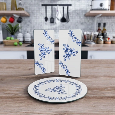 Decovetro Cam Sunum Servis Tabağı 3lü Yuvarlak Set Beyaz Çini Çiçek Desenli