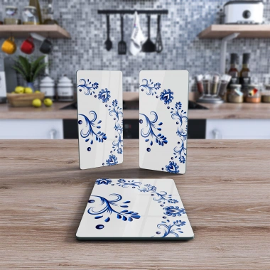 Decovetro Cam Sunum Servis Tabağı 3lü Dikdörtgen Set Beyaz Çini Çiçek Deseni