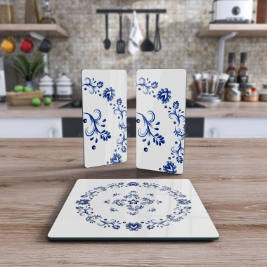 Decovetro Cam Sunum Servis Tabağı 3lü Kare Set Beyaz Çini Çiçek Desenli