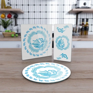 Decovetro Cam Sunum Servis Tabağı 3lü Karma Set Marine Yelken Desenli