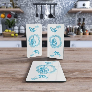 Decovetro Cam Sunum Servis Tabağı 3lü Dikdörtgen Set Marine Yelken Desenli