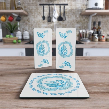 Decovetro Cam Sunum Servis Tabağı 3lü Kare Set Marine Yelken Desenli