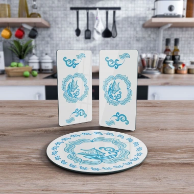 Decovetro Cam Sunum Servis Tabağı 3lü Yuvarlak Set Marine Yelken Desenli
