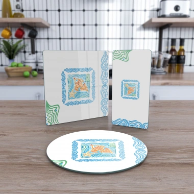 Decovetro Cam Sunum Servis Tabağı 3lü Karma Set Marine Çizgi Balık Desenli