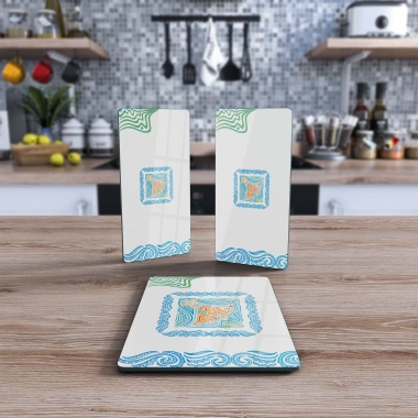 Decovetro Cam Sunum Servis Tabağı 3lü Dikdörtgen Set Marine Çizgi Balık Desenli