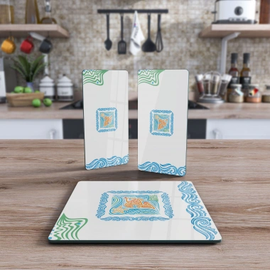 Decovetro Cam Sunum Servis Tabağı 3lü Kare Set Marine Çizgi Balık Desenli