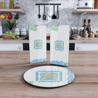 Decovetro Cam Sunum Servis Tabağı 3lü Yuvarlak Set Çizgi Balık Desenli