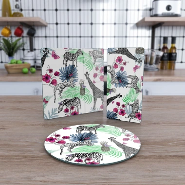 Decovetro Cam Sunum Servis Tabağı 3lü Karma Set Vintage Zürafa Desenli