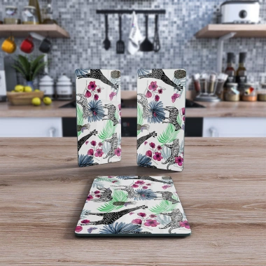 Decovetro Cam Sunum Servis Tabağı 3lü Dikdörtgen Set Vintage Zürafa Desenli