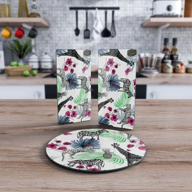 Decovetro Cam Sunum Servis Tabağı 3lü Yuvarlak Set Vintage Zürafa Desenli