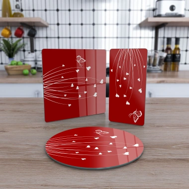 Decovetro Cam Sunum Servis Tabağı 3lü Karma Set Kırmızı Çiçek Desenli