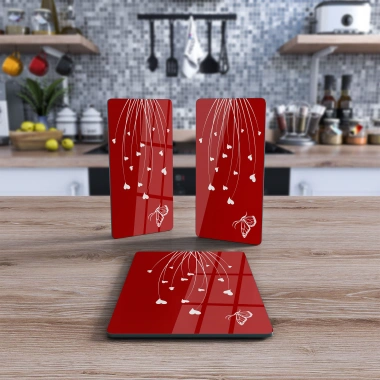 Decovetro Cam Sunum Servis Tabağı 3lü Dikdörtgen Set Kırmızı Çiçek Desenli