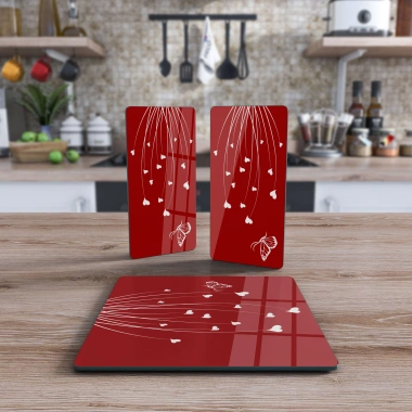 Decovetro Cam Sunum Servis Tabağı 3lü Kare Set Kırmızı Çiçek Desenli