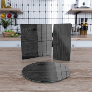 Decovetro Cam Sunum Servis Tabağı 3lü Karma Set Siyah Ahşap Desenli