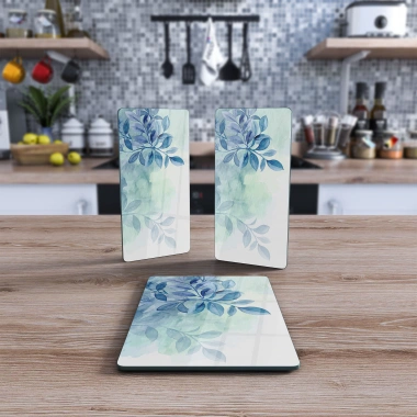 Decovetro Cam Sunum Servis Tabağı 3lü Dikdörtgen Set Mavi Sarmaşık Deseni