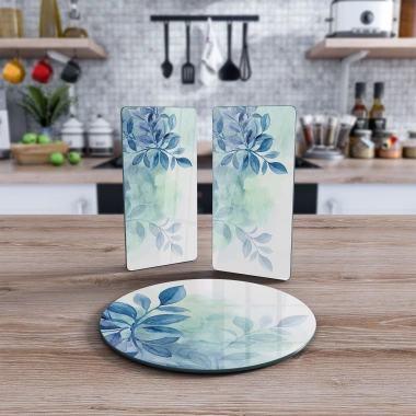 Decovetro Cam Sunum Servis Tabağı 3lü Yuvarlak Set Sulu Boya Mavi Çiçek Desenli