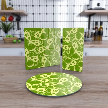 Decovetro Cam Sunum Servis Tabağı 3lü Karma Set Yeşil Kelebek Desenli