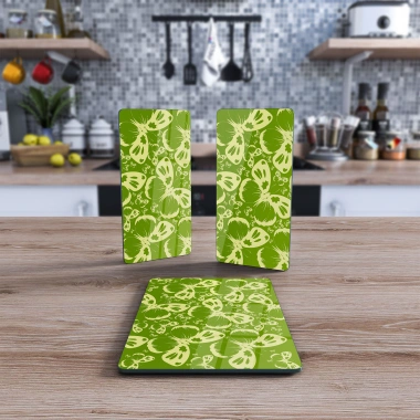 Decovetro Cam Sunum Servis Tabağı 3lü Dikdörtgen Set Yeşil Kelebek Desenli