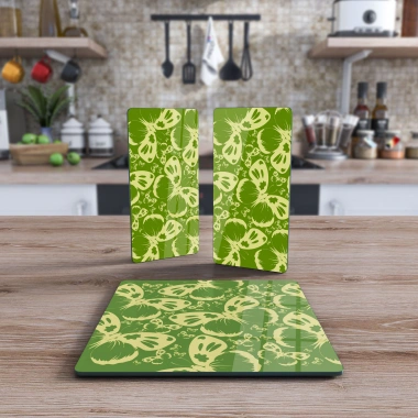 Decovetro Cam Sunum Servis Tabağı 3lü Kare Set Yeşil Kelebek Desenli