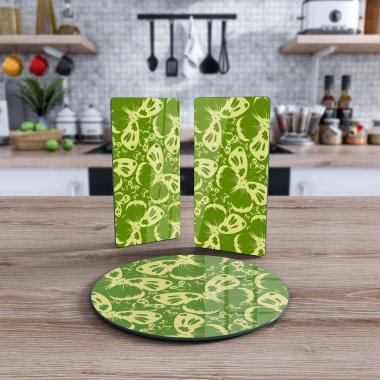 Decovetro Cam Sunum Servis Tabağı 3lü Yuvarlak Set Yeşil Kelebek Desenli