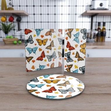 Decovetro Cam Sunum Servis Tabağı 3lü Karma Set Renkli Kelebek Desenli