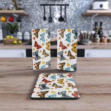 Decovetro Cam Sunum Servis Tabağı 3lü Dikdörtgen Set Renkli Kelebek Deseni