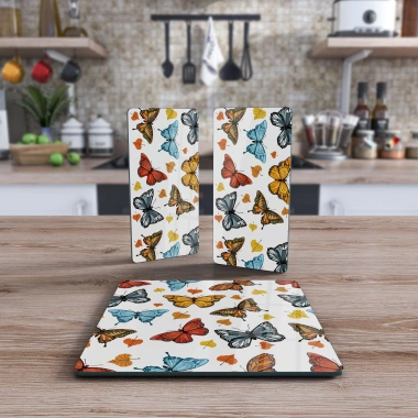 Decovetro Cam Sunum Servis Tabağı 3lü Kare Set Renkli Kelebek Desenli