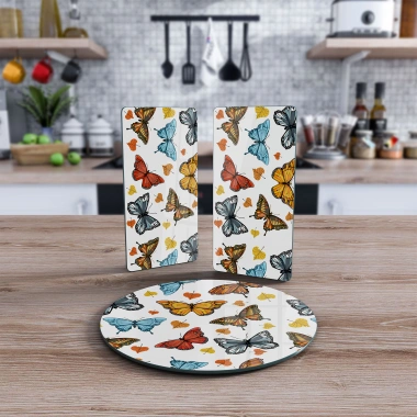 Decovetro Cam Sunum Servis Tabağı 3lü Yuvarlak Set Renkli Kelebek Desenli