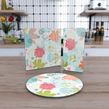 Decovetro Cam Sunum Servis Tabağı 3lü Karma Set Bahar Çiçekleri Desenli