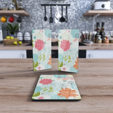 Decovetro Cam Sunum Servis Tabağı 3lü Dikdörtgen Set Bahar Çiçekleri Deseni