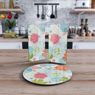 Decovetro Cam Sunum Servis Tabağı 3lü Yuvarlak Set Bahar Çiçekleri Desenli