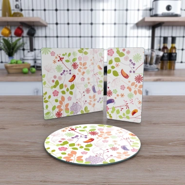 Decovetro Cam Sunum Servis Tabağı 3lü Karma Set Bahar Çiçekleri Kuş Desenli