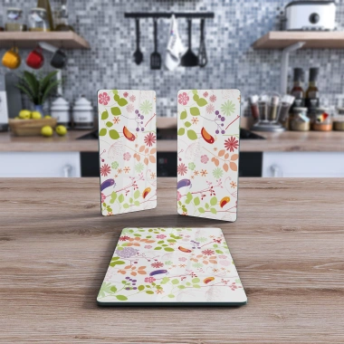 Decovetro Cam Sunum Servis Tabağı 3lü Dikdörtgen Set Bahar Çiçekleri Kuş Desenli