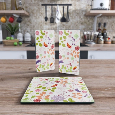 Decovetro Cam Sunum Servis Tabağı 3lü Kare Set Bahar Çiçekleri Kuş Desenli