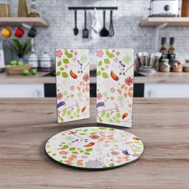 Decovetro Cam Sunum Servis Tabağı 3lü Yuvarlak Set Bahar Çiçekleri Kuş Desenli