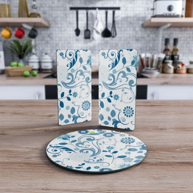 Decovetro Cam Sunum Servis Tabağı 3lü Yuvarlak Set Sarmaşık Çiçekleri Desenli